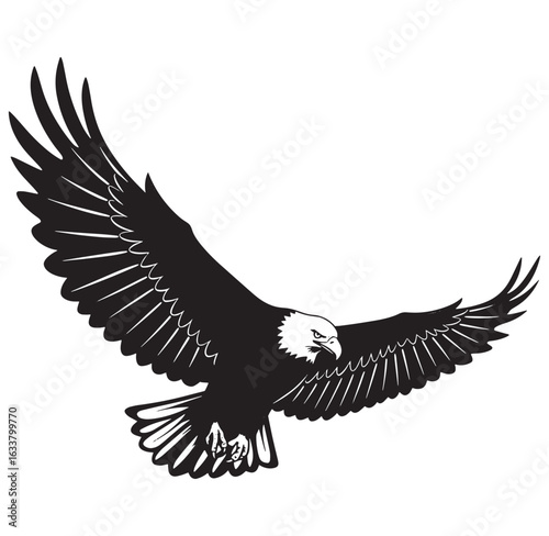 Powerful black and white illustration of a majestic bald eagle in full flight