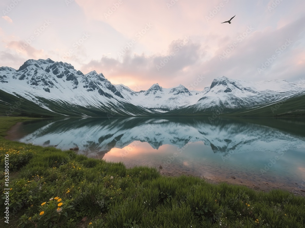 Fototapeta premium A serene lake reflecting snow capped mountains under a pastel sky with a bird flying above