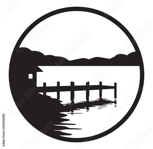Silhouette of a lakeside cabin and wooden pier within a circular frame design