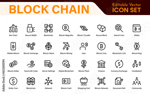 Block chain web icon set. information icon, analytics, cloud computing, block chain, block, Distribution, Ledger, Transaction icon Blockchain icon minimal design. Block connect data.
