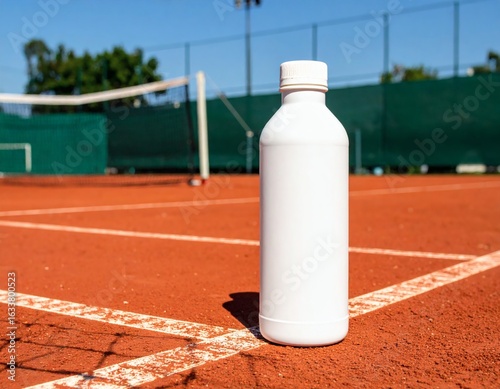 White plastic bottle mockup on a red clay tennis court on a sunny day.