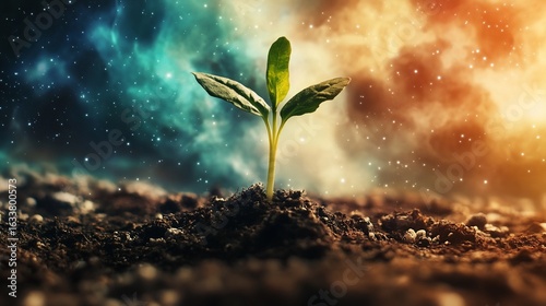 Emergence of life, Sprout against the universe's canvas of stars and nebula