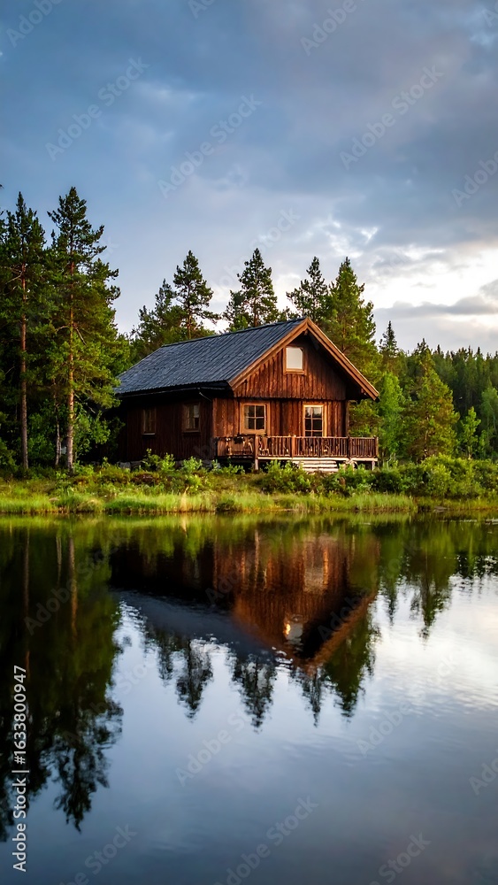 Obraz premium Rustic cabin by a tranquil lake (1)