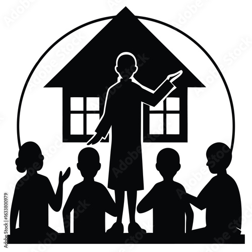 A teacher Teaching students in a school, Teacher and students in classroom silhouette learning illustration, Mother teaching child silhouette vector illustration, Silhouettes of teachers and students.