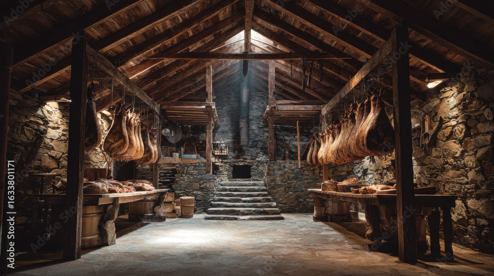 Fototapeta premium Traditional family meat factory, with prosciutto hanging in a rustic, cozy atmosphere.