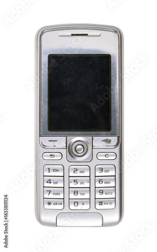Classic mobile phone from the early 2000s with simple design isolated on white background.