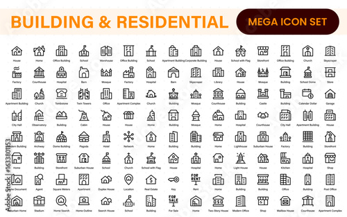 Building and residential icon set. Containing house, office, bank, school, hotel, shop, university and hospital icons. Solid icon collection.