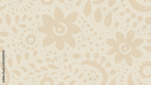 Floral pattern with flowers leaves and dots in a light beige color scheme creating a soft design