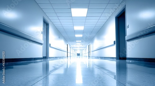 Wallpaper Mural A long hospital hallway with glowing ceiling lights, creating depth and a cool-toned atmospheric effect. Torontodigital.ca