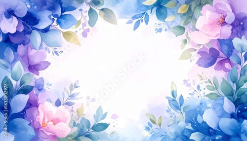 寒色系の水彩画の花　中央はコピースペース　生成Aiイラスト
