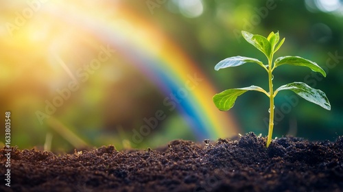 Hopeful sprout emerging in sunlight after rain shower with rainbow