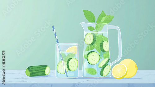 Refreshing Drink: A vibrant composition of a tall glass and a jug of cool, refreshing drinks garnished with sliced cucumbers, fresh mint, and wedges of zesty lemon, is placed on a neutral backdrop. 
