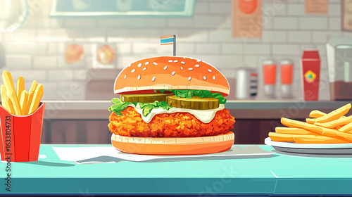 Chicken Sandwich Delight: A mouthwatering chicken sandwich, with its crispy patty and fresh toppings, sits alongside golden french fries, set against the backdrop of a classic diner.