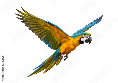 Vibrant Blue and Yellow Macaw Parrot in Mid-Flight with Spread Wings on White Background