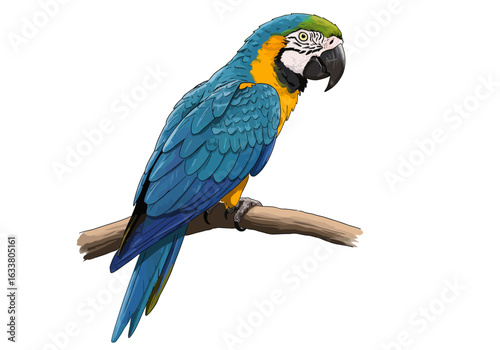 A detailed illustration of a beautiful blue-and-yellow macaw perched on a wooden branch against a white background.