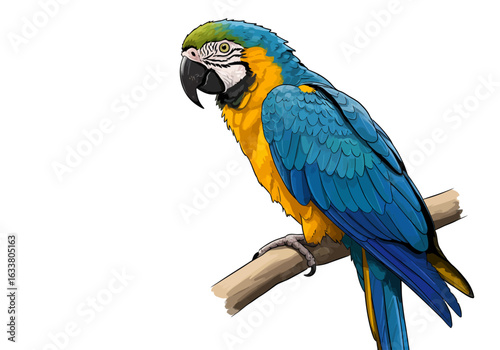 illustration of an exotic Blue-and-Yellow Macaw parrot perched on a branch against a white background