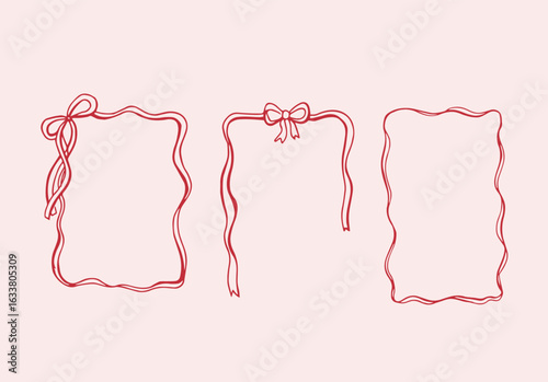 Whimsical red ribbon frames with bows. Hand Drawn borders for wedding invitation, holiday greetings, birthday card