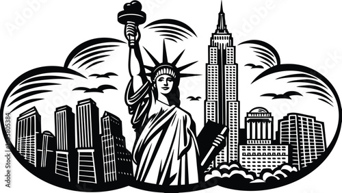Based on the black-and-white illustration of the Statue of Liberty holding a torch and tablet, with a smiling face, set against the New York City skyline (including the Empire State Building) 