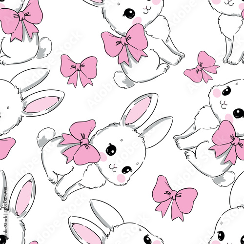 Hand drawn seamless pattern with cute rabbits and pink bow vector, cartoon bunny design for kids 