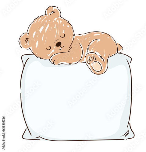 Hand Drawn Cute bear sitting on pillow. Vector bedtime illustration for kids and nursery