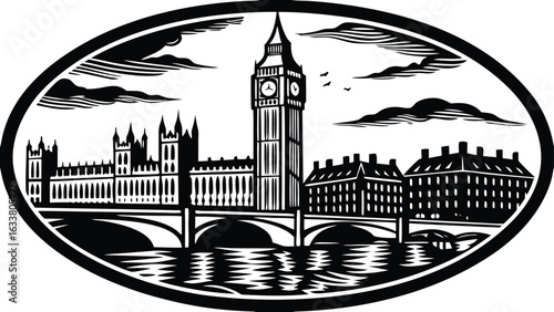 Based on the black-and-white illustration of Big Ben, the Houses of Parliament, Westminster Bridge, and the River Thames in an oval frame (evoking a classic London landmark 