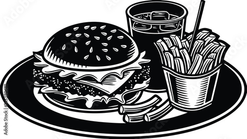 Based on the black-and-white illustration of a classic hamburger, French fries, and a soda (likely a fast food combo meal), here's a fitting title: