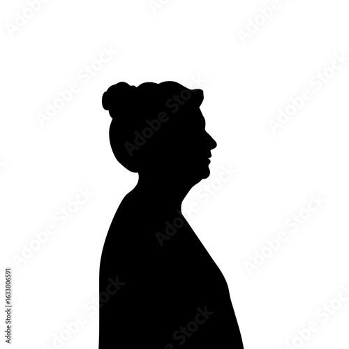 Striking silhouette of an older woman against white. This silhouette showcases strong character and quiet strength, a mature lady’s figure rendered simply and elegantly.