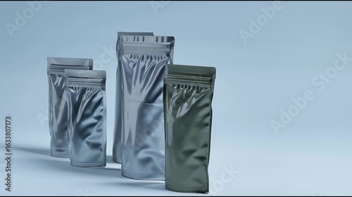 A sleek assortment of blank stand-up pouch bags in various sizes, rotating in a clean, minimalist studio environment, ideal for product branding mockups.