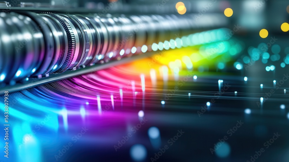 Fototapeta premium Industrial printing machine producing a vibrant spectrum of colors, showcasing the dynamic of process modern printing technology