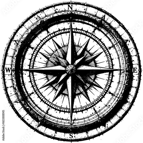 Compass Rose Illustration: A detailed monochrome illustration of a compass rose, capturing its intricate design. The compass rose is a symbol of navigation, adventure, and exploration.