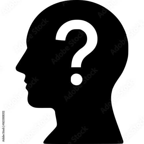 Silhouette Mind Puzzle: The silhouette of a human head is coupled with a question mark, posing a concept of inquiry, curiosity, and critical thinking. Illustrating abstract thought. 