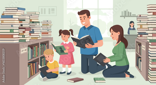 Family Enjoying Reading Together In A Library Full Of Books