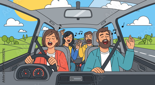 Family Enjoying Road Trip Together Singing With Happiness And Freedom