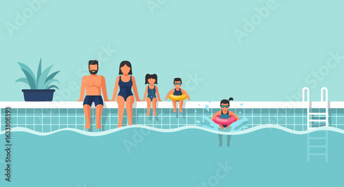 Family Enjoying Summer Vacation Together At Swimming Pool Flat Illustration