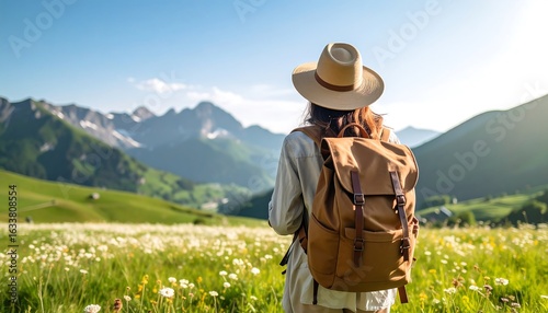 Woman hiker in a meadow, mountains in the background