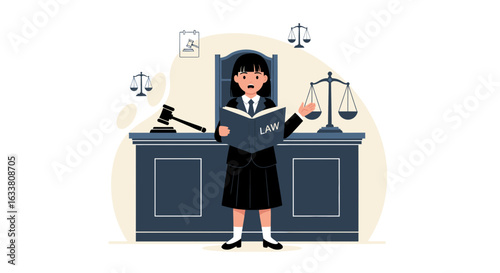 Enthusiastic Future Lawyer Reading Case Law Book In Courtroom Setting