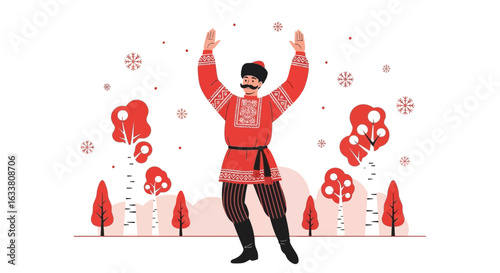 Enthusiastic Folk Dancer In Festive Winter Landscape Illustration Scene