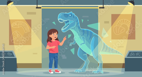 Enthusiastic Girl Learning About Paleontology and Dinosaur History In Natural Museum