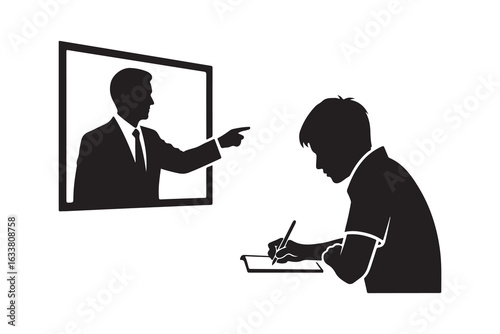 Teacher pointing at student writing on tablet education