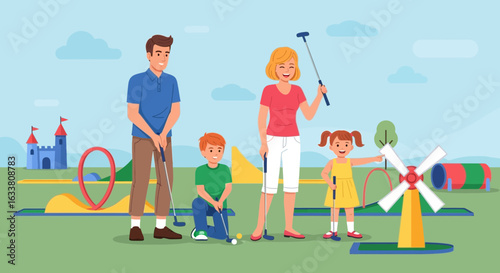 Family Fun Day At The Miniature Golf Course Enjoying Recreational Activities Together