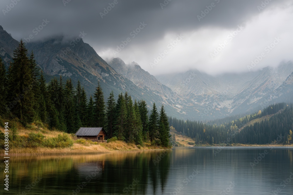 Fototapeta premium Mountain landscape with wooden cabin by clear lake under dramatic skies, soft morning light, ideal for eco-retreats and sustainable tourism in cinematic photography.