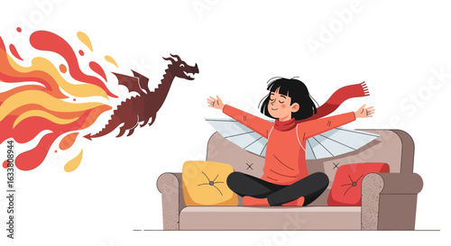 Dreamy Woman Imagines a Dragon Flight for Escapism on Comfortable Sofa