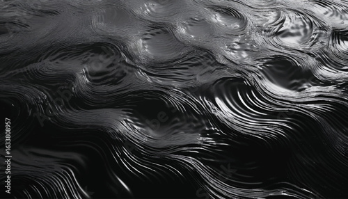 Water black surface abstract background. Waves and ripples texture of cosmetic aqua moisturizer with bubbles. Abstract image with beautiful highlights for your creative design or stylish illustrations