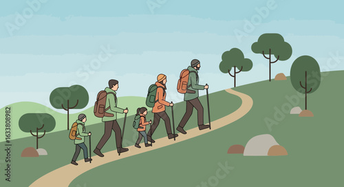 Family Hiking Together Enjoying Nature And Recreation During Summer Vacation