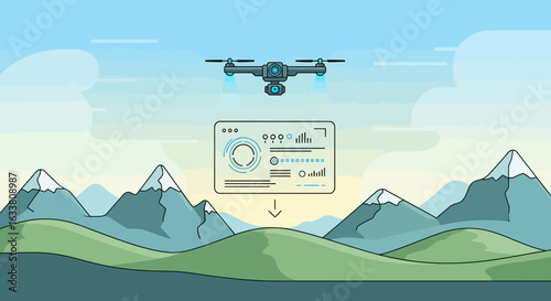 Drone For Data Collection Over Mountainous Landscape With Data Panel Displayed