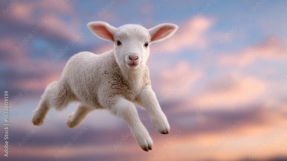 Fototapeta premium Playful white lamb leaping high, silhouetted against radiant sunset sky with glowing and colors orange pink