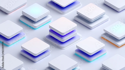 Isometric Grid of Glowing Stackable White Tiles with Soft Gradient Lighting for Futuristic UI Concepts, Data Layers, and Tech Product Visualizations