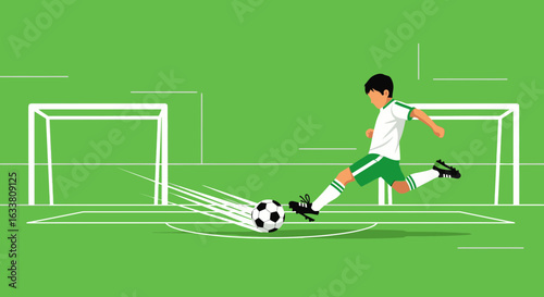 Dynamic Soccer Player Kicking Ball Towards Goal On Green Field