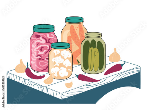 Assortment of pickled vegetables and spices in jars on a wooden surface fermentation