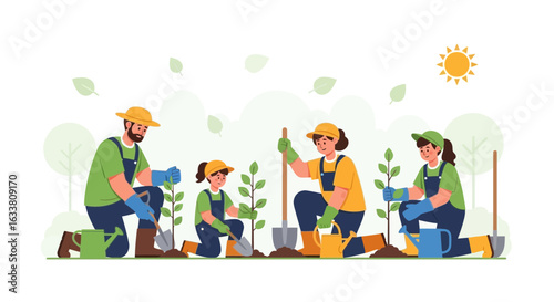 Family Planting Trees Together Happy Volunteers Gardening for Future Earth